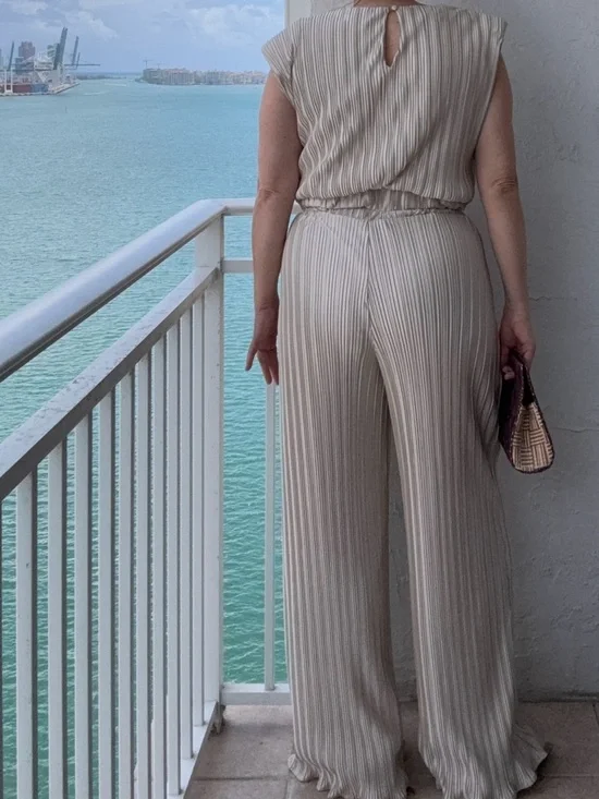 Pleated 2 Piece Set Wide Leg Pants Beige Resort Vacation Outfit M - Picture 3 of 7